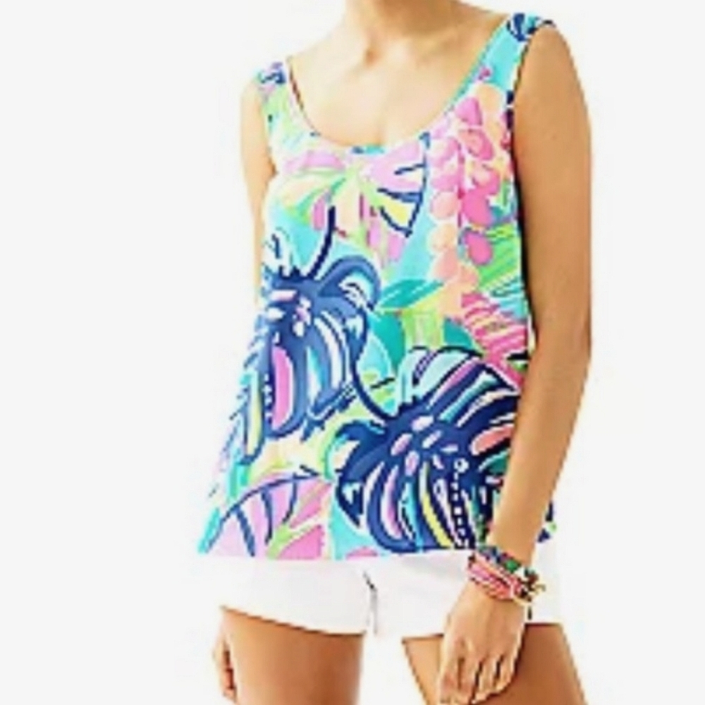 LILLY PULITZER Silk Cosmos Top Tank Resort Beach Summer Exotic Garden M 4 6 - Picture 8 of 8
